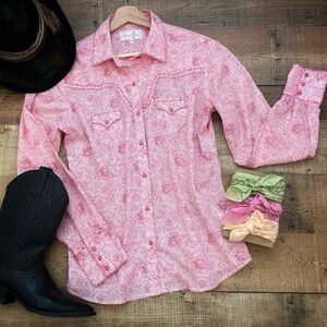 Western Pink Paisley Pearl Snap Crystal Embellished Shirt Panhandle Slim